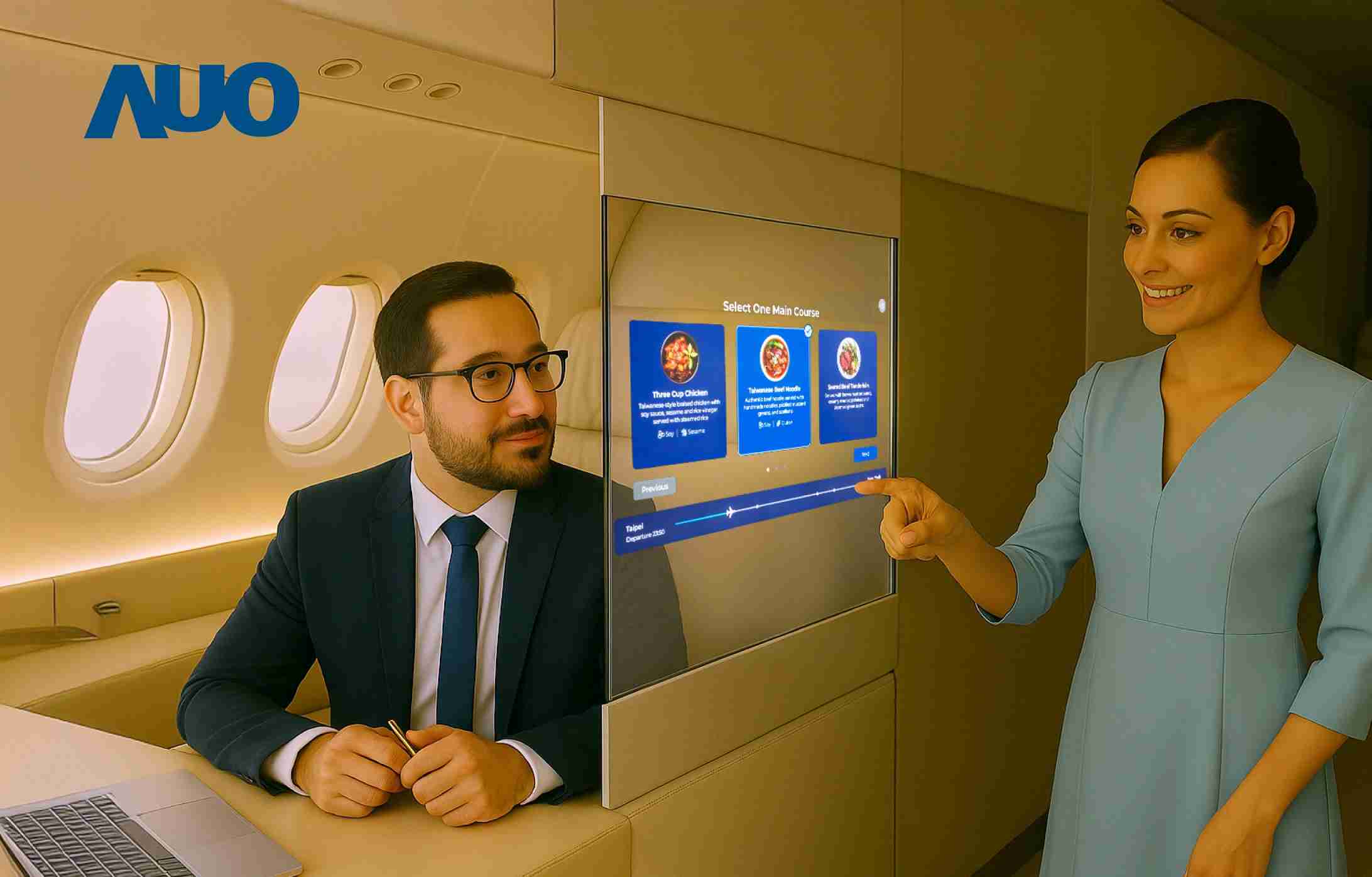 欧陆注册研发全球最薄17.3 吋双面透明 Micro LED 显示器，，，可在同一屏幕之双边投射不同信息，，创造独特的”透明化”互动；图为实时翻译交流应用情境